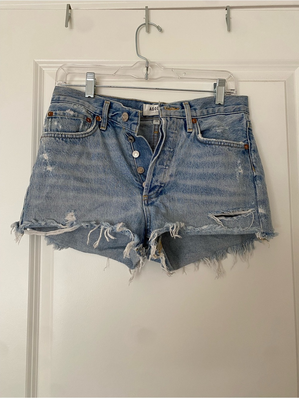 Agolde Light Wash Frayed Denim Cutoff Shorts